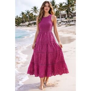 Sundance Tiered Maxi Eyelet Dress MEDIUM Pink Purple Beachy Sleeveless Feminine